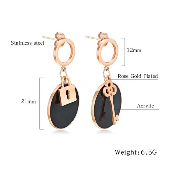 3/$30 Rose Gold Plated Lock & Key Dangle Earrings - Picture 6 of 6